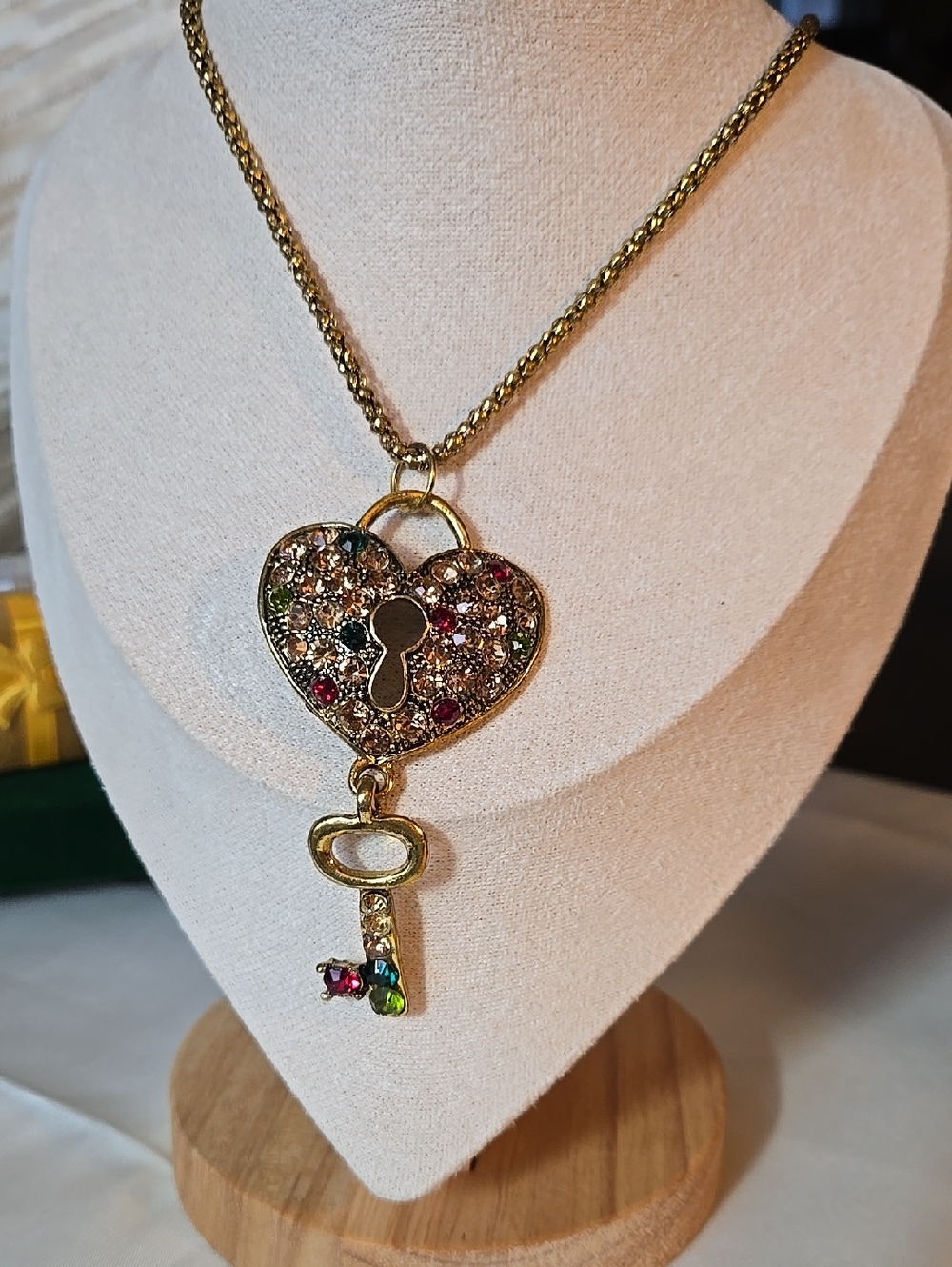 Gold Tone Heart Lock & Key Necklace with Multicolor Crystals